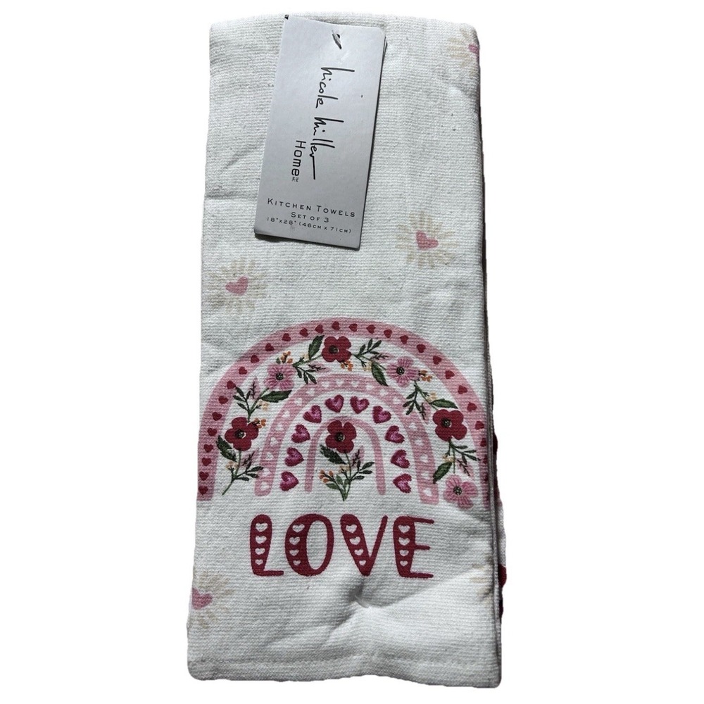 Kitchen Towels Nicole Miller Set Of 3 Love Floral NEW